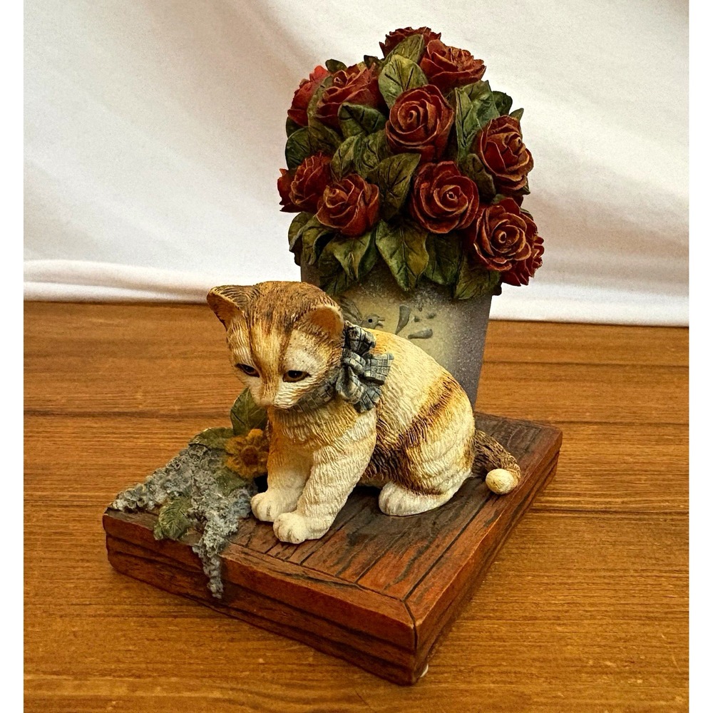 Lang & Wise Sweet Thoughts First Edition 1999 Cat Figurine Rose Pot Resin 4"